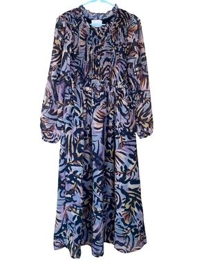 Us Together sheer sleeve abstract pattern flowy smocked maxi dress size small